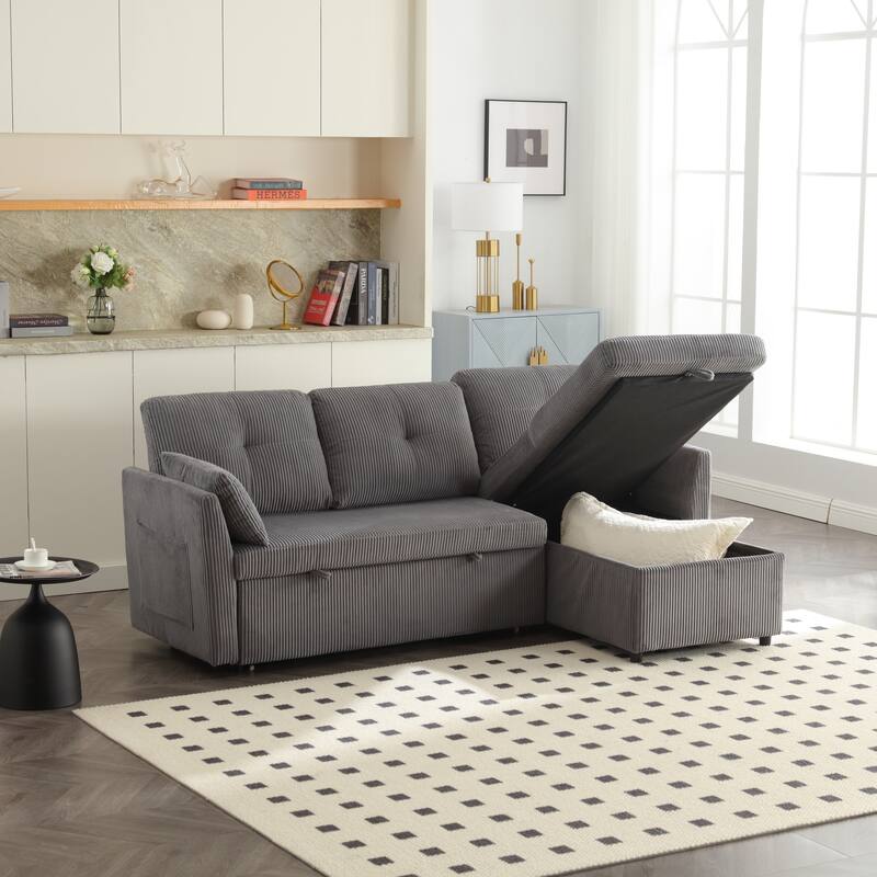 Corduroy/Chenille Upholstered L-Shaped Storage Reversible Chaise Sectional Sofa with Side Pocket