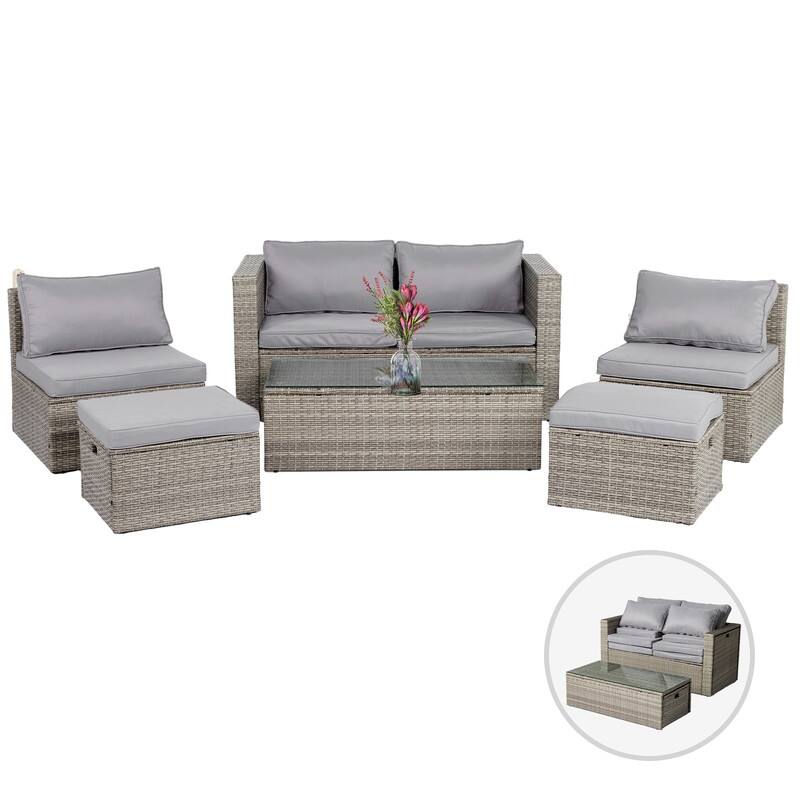 6-Piece All-Weather Wicker Conversation Sofa Set with Nesting Storage & Tea Table for Garden