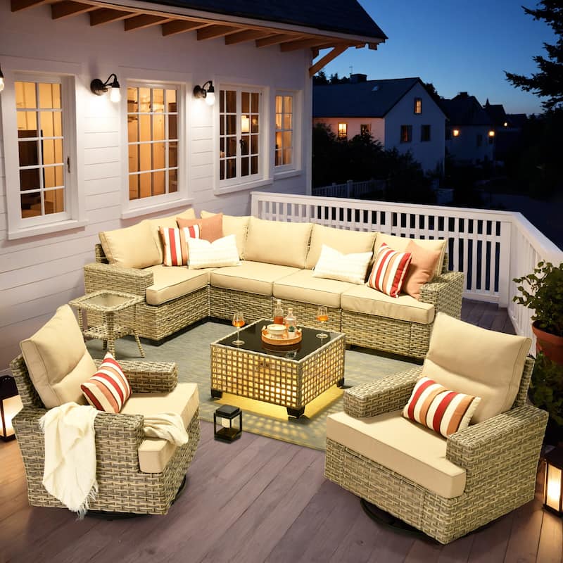OVIOS 9 Pieces T shaped Seat Wide Armrest Swivel Chair Set With Solar-Powered Table - Beige