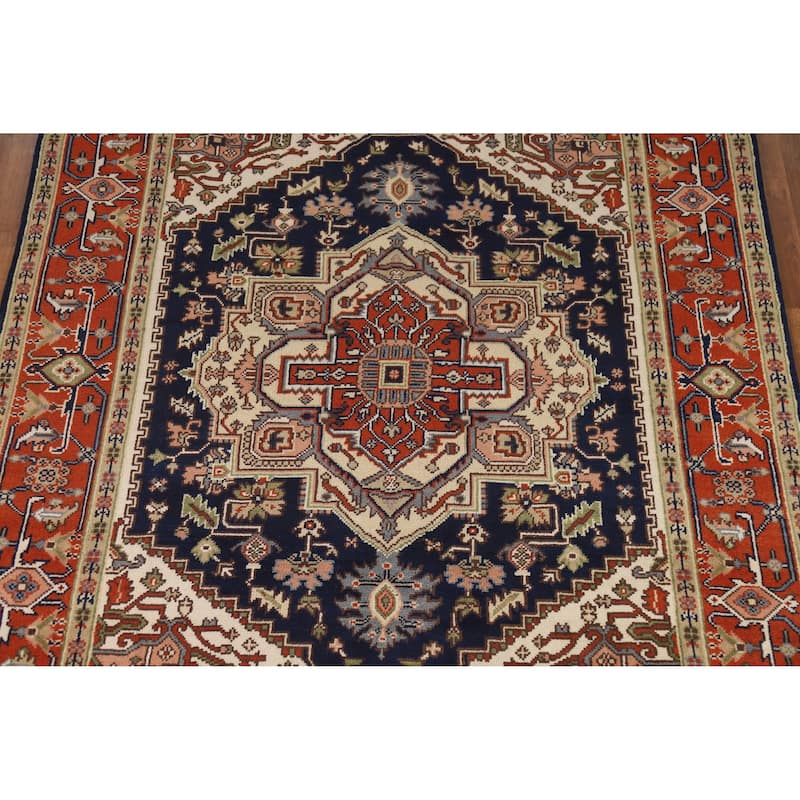 Hand Knotted Oriental 100% Wool Carpet Traditional Medallion Navy Blue & Blues Heriz (serapi) Area Rug - 10' 0'' X 7' 11''