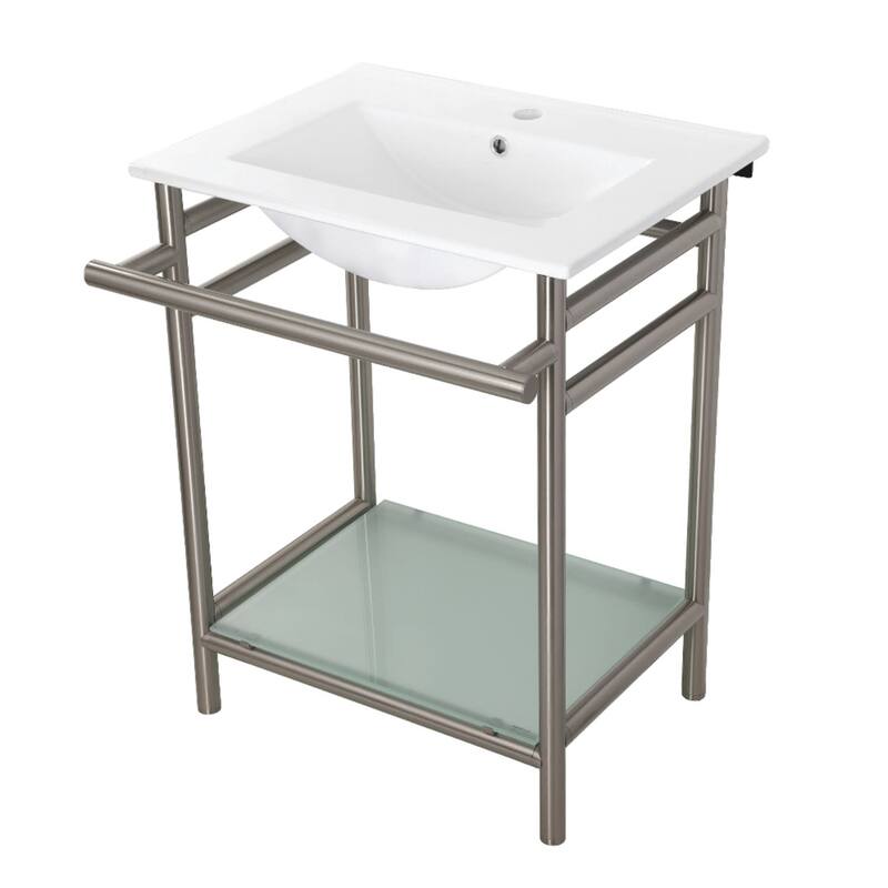 Kingston Brass 24" Rectangular Ceramic, Glass, Stainless Steel Console - White / Brushed Nickel
