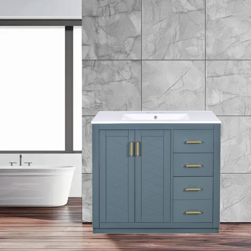 Modern 36-Inch Bathroom Vanity Combo with Ceramic Sink, Solid Wood Cabinet, 3 Drawers & Soft-Close Doors - Blue