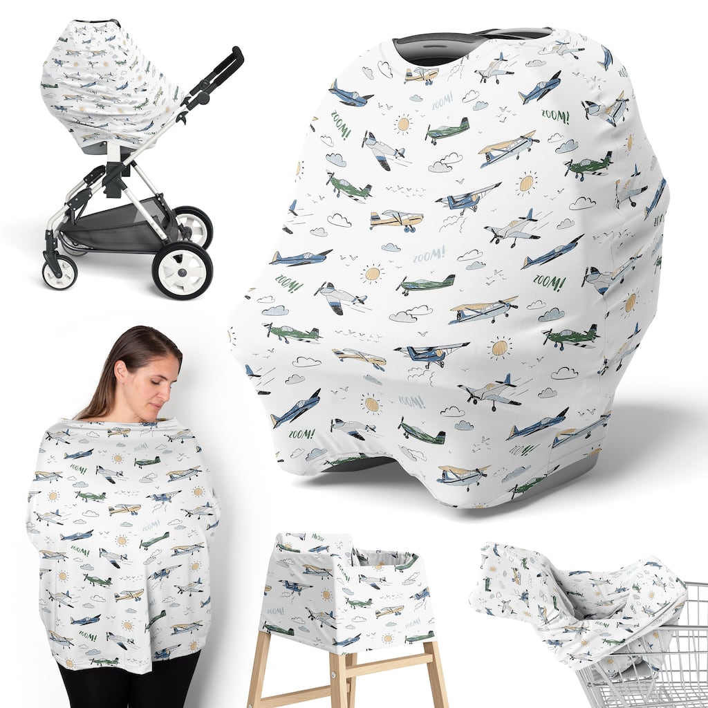 Sweet Jojo Designs Green Vintage Airplane Boy 5 in 1 Baby Car Seat and Nursing Cover Airplanes Transportation Clouds Aviator Sun