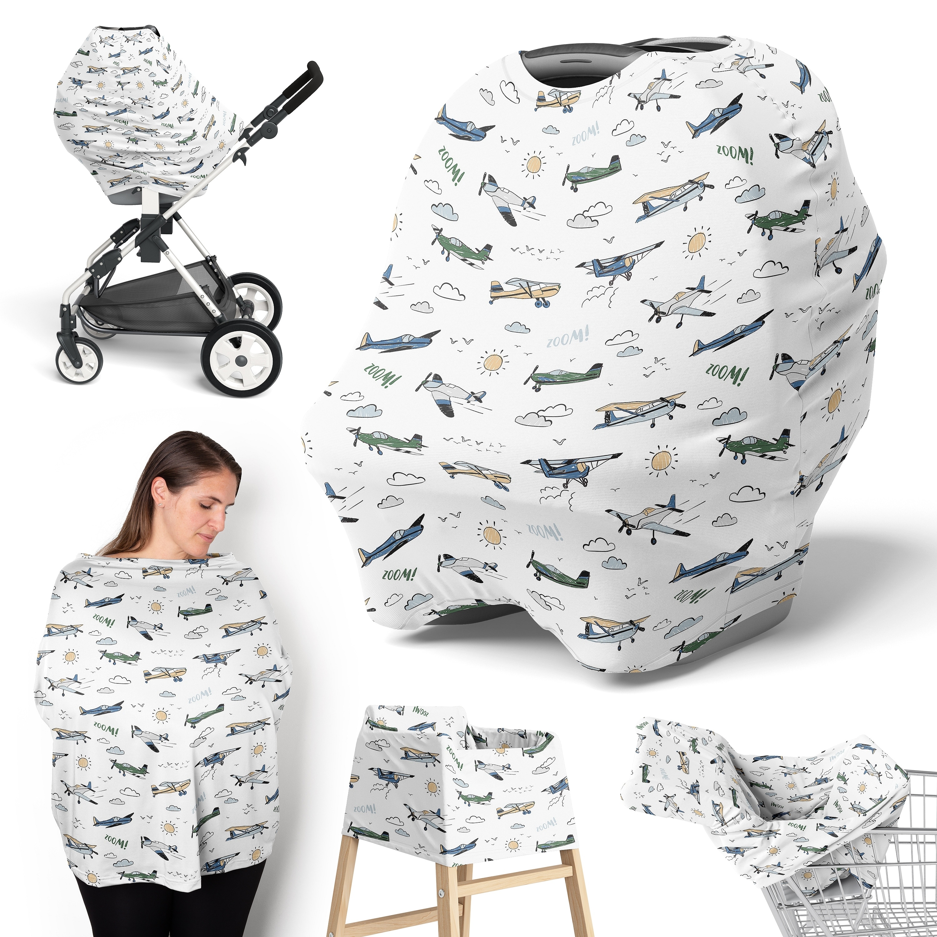 Sweet Jojo Designs Green Vintage Airplane Boy 5 in 1 Baby Car Seat and Nursing Cover Airplanes Transportation Clouds Aviator Sun