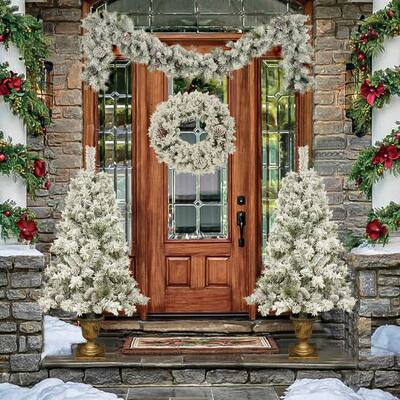 Pre-lit Xmas Tree Artificial Christmas 4-Piece Set,Garland,Wreath and Set of 2 Entrance Trees with LED Lights,Christmas Tree
