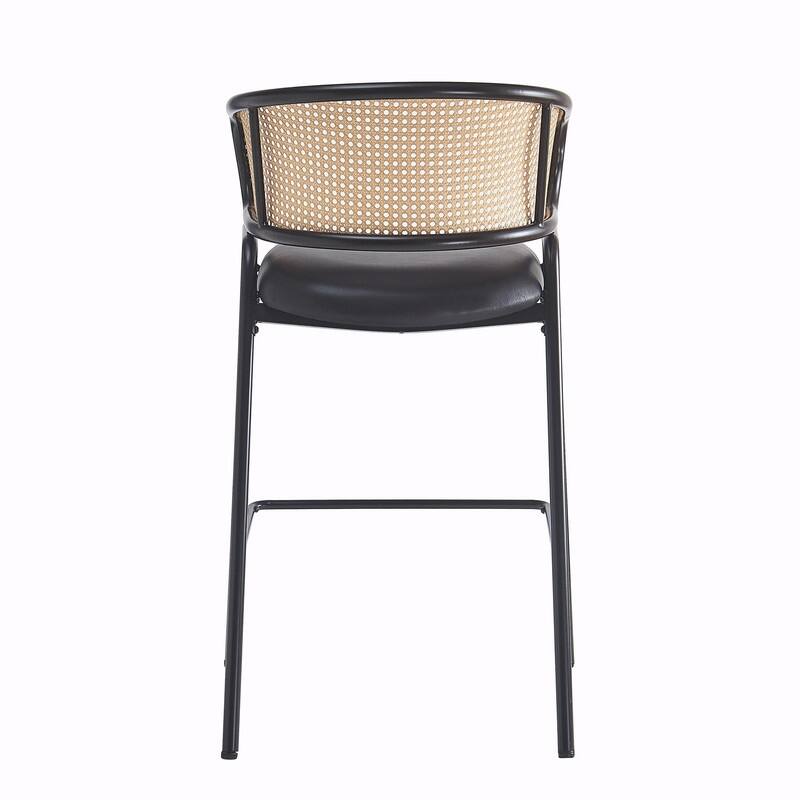 Ethan Upholstered Metal Bar Stools with Faux Leather Seat and Rattan Back, Set of 2