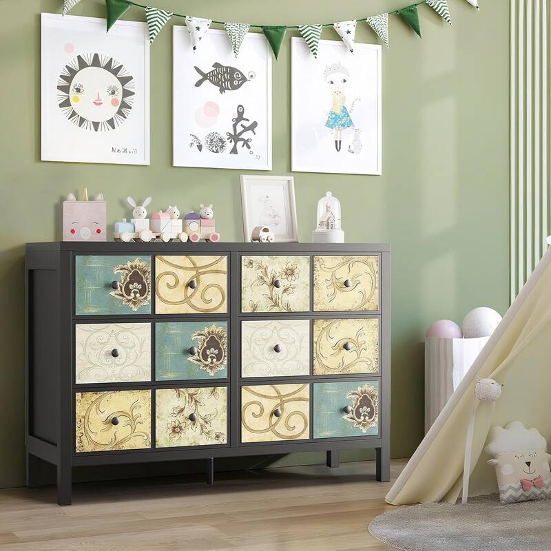 Retro Pattern 6 Drawers Dresser for Bedroom, Living Room, Hallway