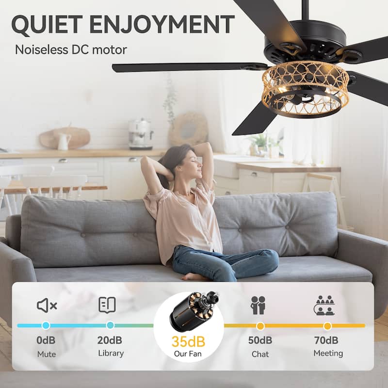 52" Reversible 5-Blade Farmhouse Caged Ceiling Fan with Light and Remote