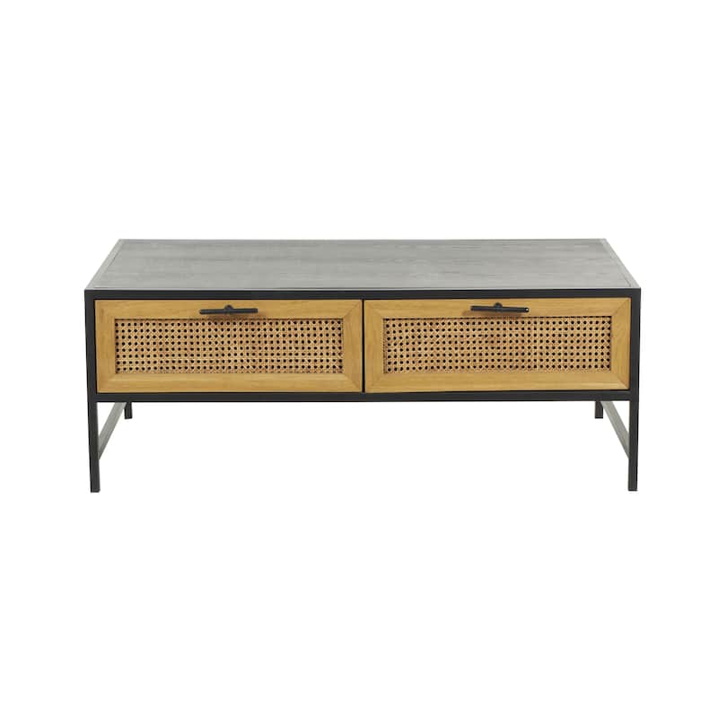 Wooden Handmade 2 Drawer Coffee Table with Rattan Drawer Fronts - Black - Roche River Decor