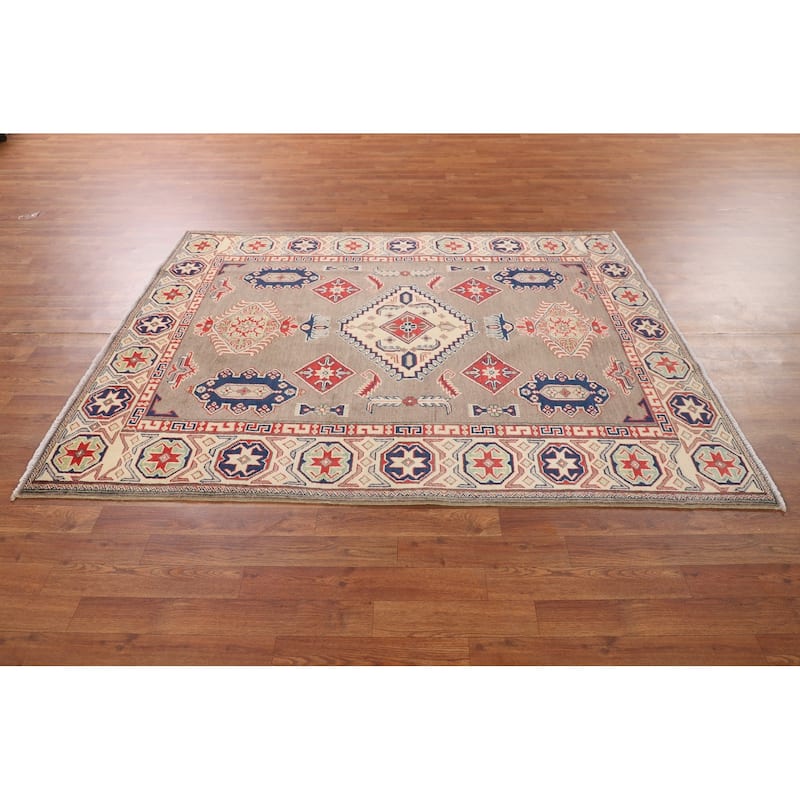 Kazak Oriental Area Rug Handmade Grey Wool Carpet - 4'11" x 6'5"