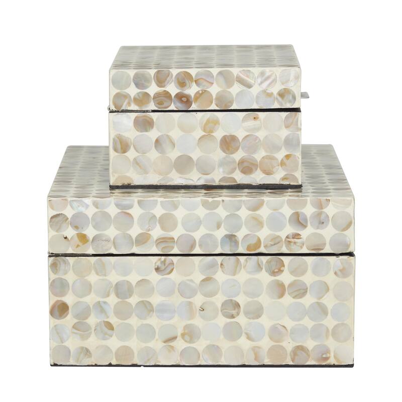 Mother of Pearl Shell Handmade Decorative Box - Set of 2 Beige, Black, Cream, White, Blue, Light Blue - Roche River Decor