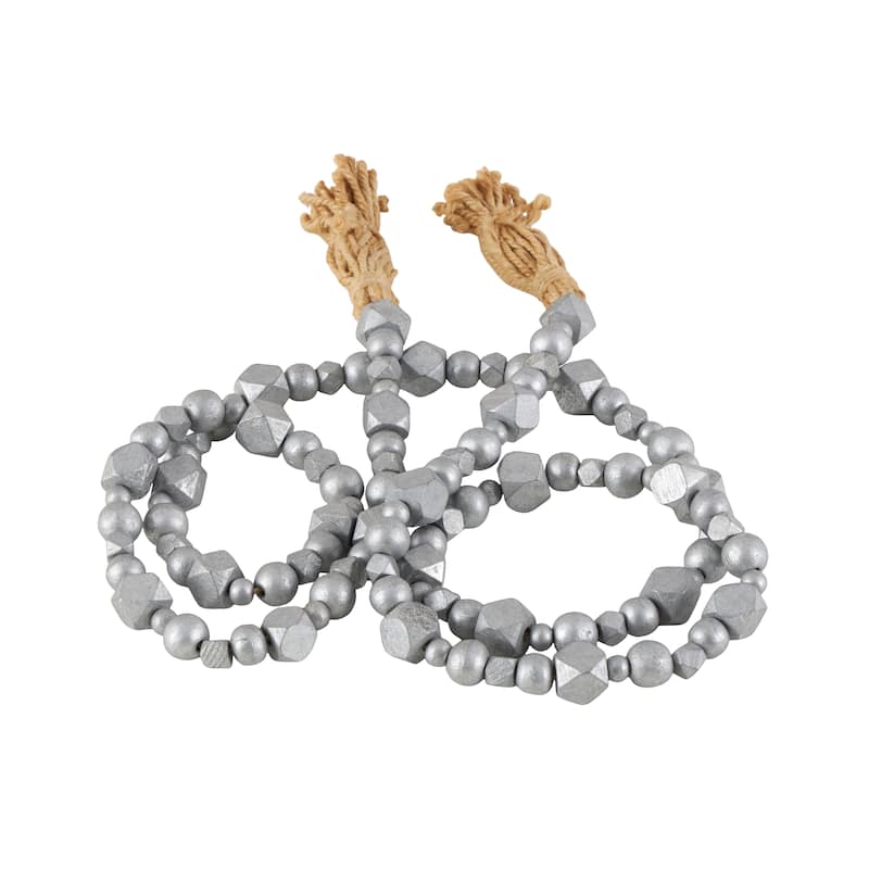 Mango Wood Handmade Hexagon Metallic Carved Geometric Long Beaded Garland with Tassel - Silver - Roche River Decor