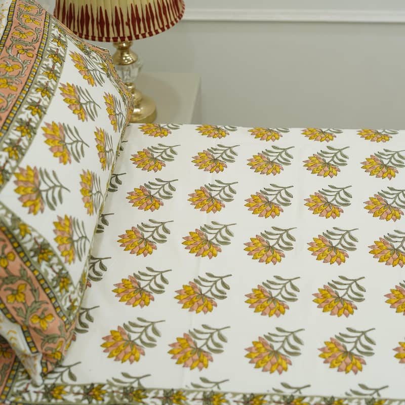 Fabdivine Cotton Hand Block Floral Flat Sheet Bed Room Home Décor Accent Gift