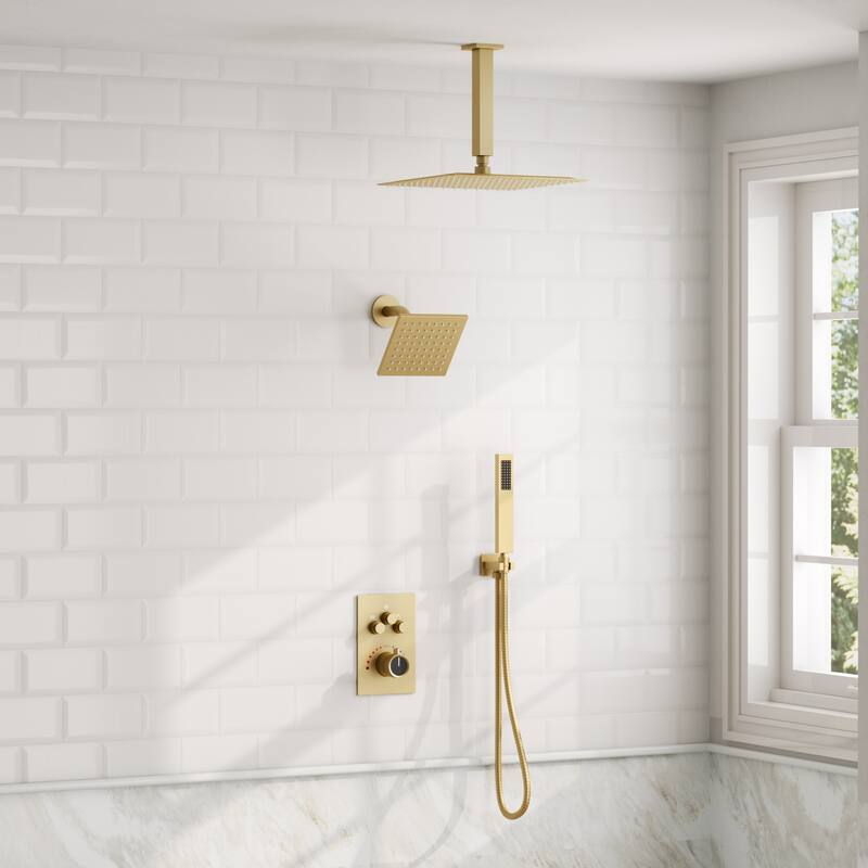 GRANDJOY Dual Shower Heads System 12" & 6" Rainfall Shower Head with Handheld Sprayer