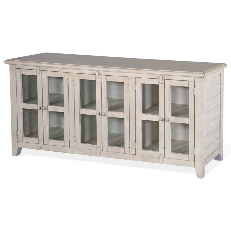 Yael TV Media Console, 6 Shelves, Glass Doors, White Mahogany, 70 Inch