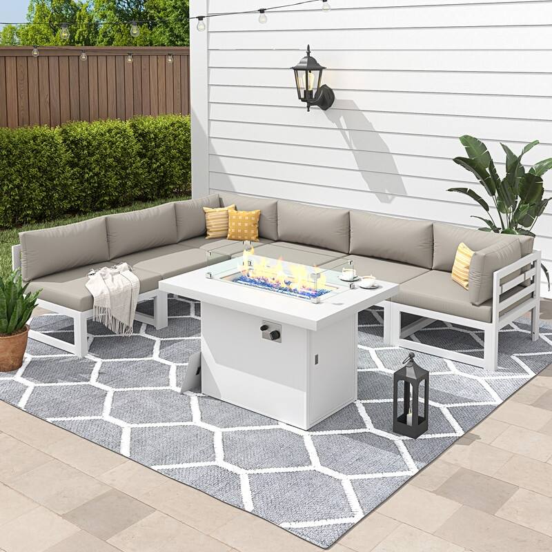 7 Piece Aluminum Patio Furniture Set with Fire Pit Propane/Gas, 29 inch Deep Wide Seat Aluminum Outdoor Sectional