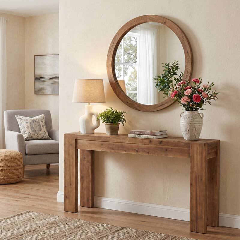 63-Inch Farmhouse Solid Wood Console Table - Rustic Brown
