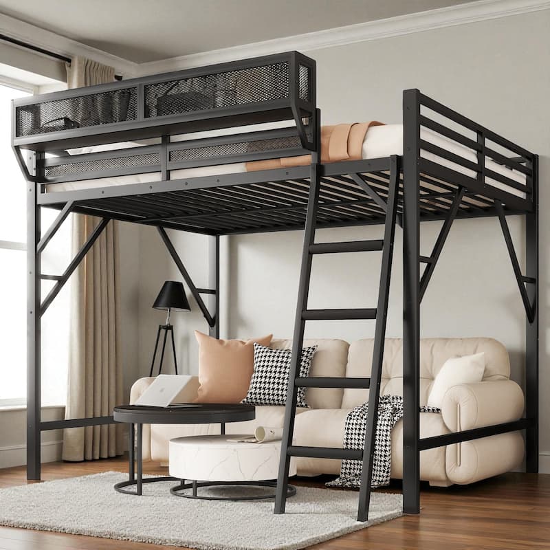 Full/Queen Size Metal Loft Bed with Storage Shelves, Guardrails, and Ladder, Space-Saving High Loft Bed for Kids and Teens