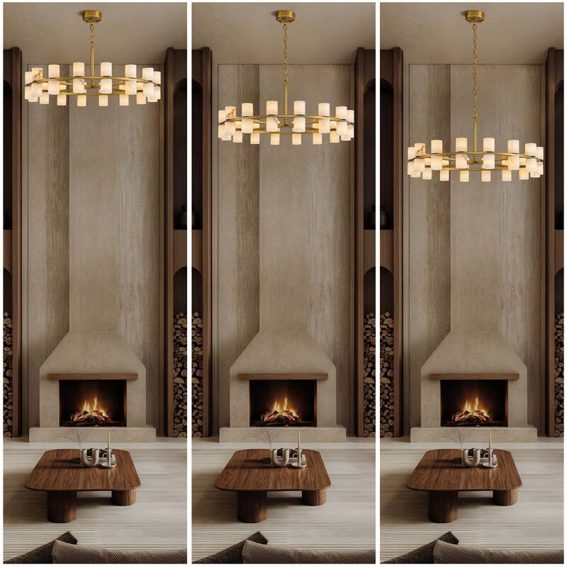 Modern Alabaster Glass Chandelier, Round or Linear Pendant Light with Up & Down Shades, D600-L1370, Copper or Black Finish