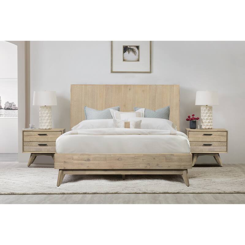 Baly Acacia Wood 3 Piece Platform Bedroom Set with 2 Nightstands - Grey - Queen