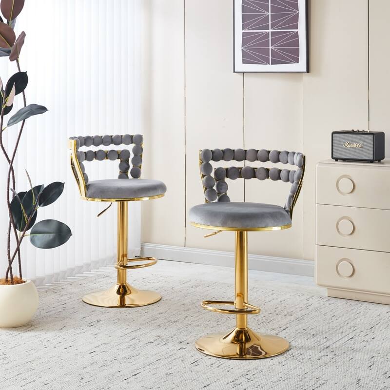 Set of 2 Modern Bar Chair with Golden Color Iron Tube Legs, Soft Cushions and Comfortable Backrest - Grey