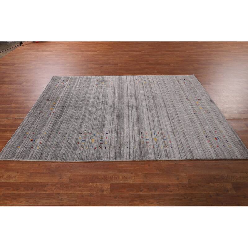 Gray & Green Striped Gabbeh Oriental Area Rug Handmade Silk Carpet - 5'2" x 7'10"