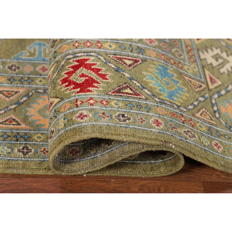 Geometric Kazak Oriental Area Rug Handmade Green Wool Carpet - 4'0" x 6'2"