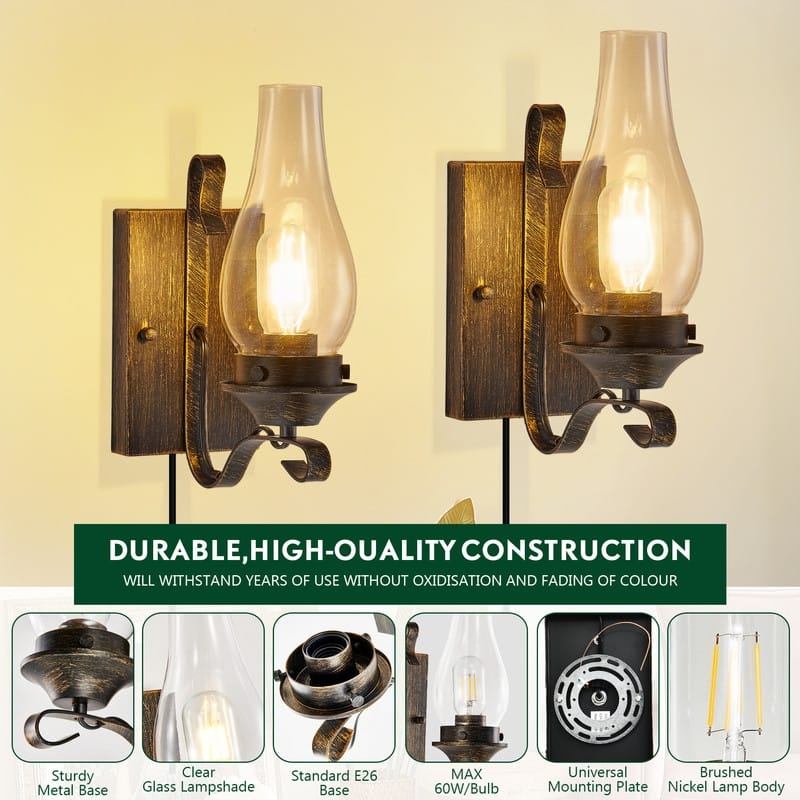 Vintage Plug-in Wall Sconces Set of 2 Rustic Farmhouse Lights for Bedroom, Living Room, or Hallway (No Bulbs) - N/A