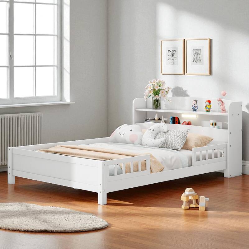 Twin/Full Size Wood Platform Bed with LED Light, Storage Headboard and Guardrail, No Box Spring Needed - White - Full