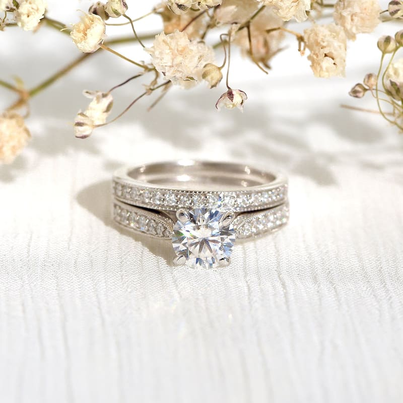 Kobelli 1.3 Carats Moissanite & Natural Diamond 14k Solid Gold Half Eternity Vintage Style Tower Taper Sophie 2pc Bridal Set