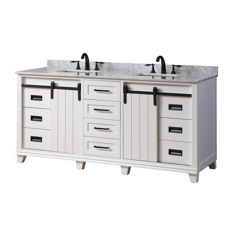 Chanceton 72 in. Vanity in White with White Carrara Marble Top with white basins