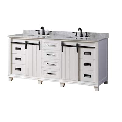 Chanceton 72 in. Vanity in White with White Carrara Marble Top with white basins