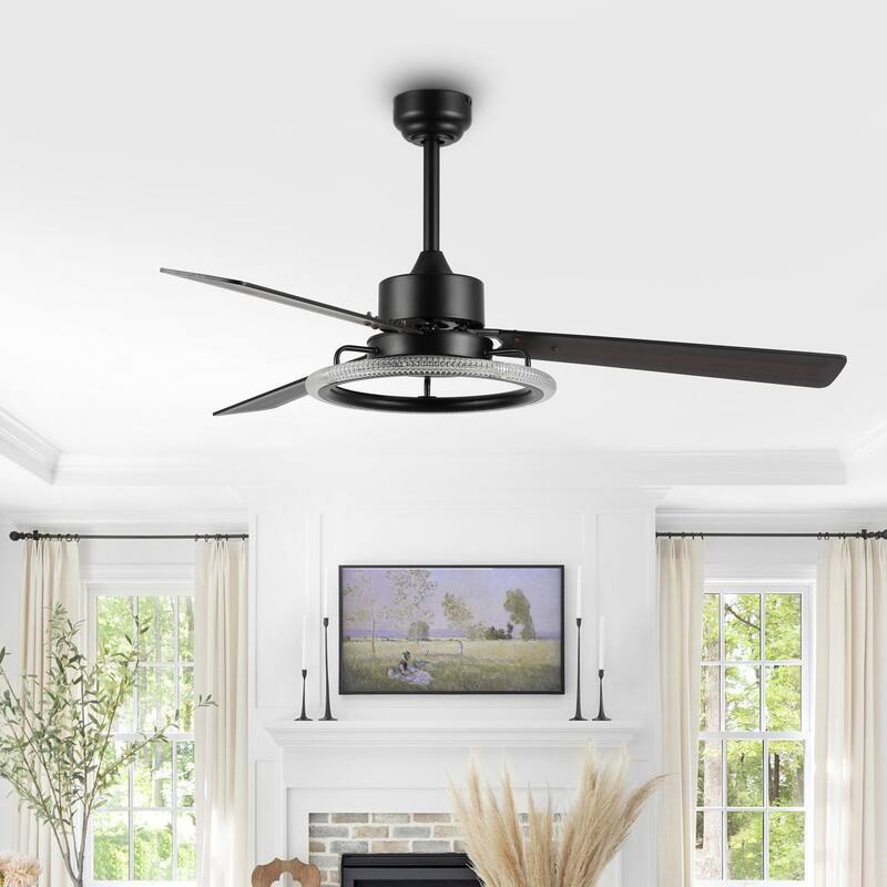 Bruno 52" 1-Light Modern Industrial Iron/Acrylic/Wood Remote-Controlled 6-Speed Integrated LED Ceiling Fan, by JONATHAN Y