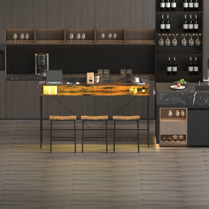59 inch bar table, dining table, sofa table with power socket and LED light, 3 saddle stools, 4-piece bar table and chai