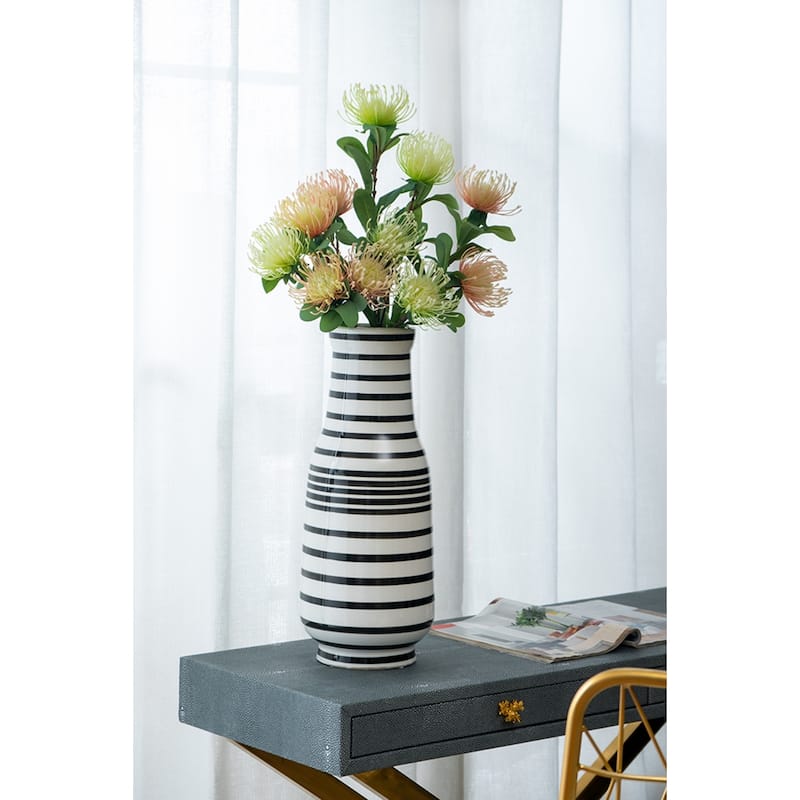 Hand Painted Horizontal Striped Accent Ceramic Vase 18" Black White
