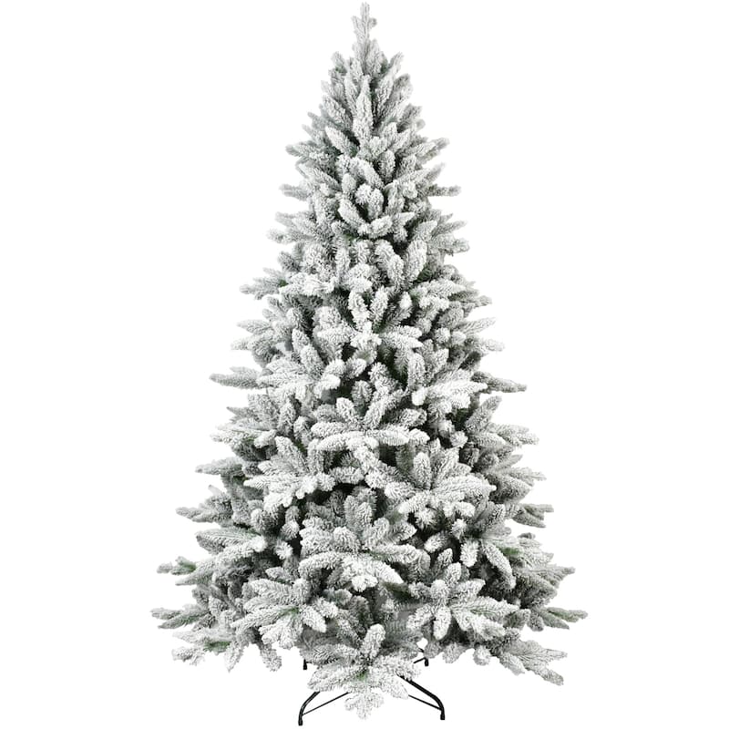 Flocked Artificial Christmas Tree - PE+PVC Snowy Branches, Hinged Structure, Metal Stand - White