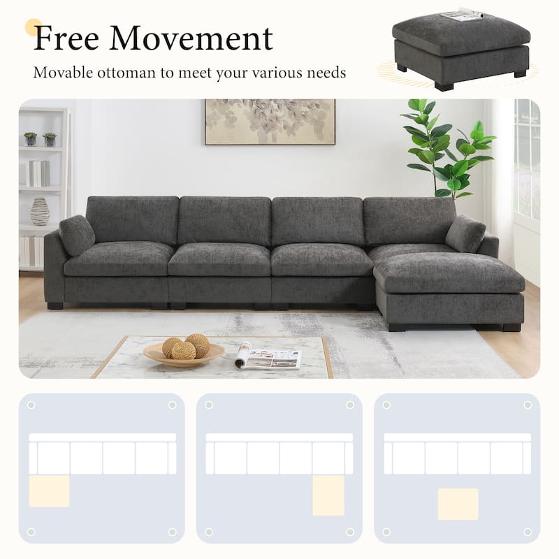 L-Shape Sectional Sofa with Folding Table, Dual-Port Charging, Side Pockets, 2 Pillows, Movable Ottoman, Chenille Modular Sofa