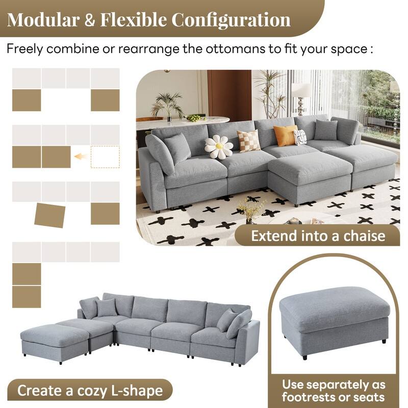 U-Shaped 6-Piece Sectional Sofa with Movable Ottomans Modular Design Soft Chenille Fabric for Versatile Seating