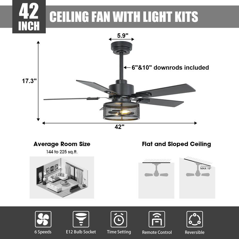 Vaczon 42" Modern Black 5-Blade Smart Ceiling Fan with Light Kit and APP Control