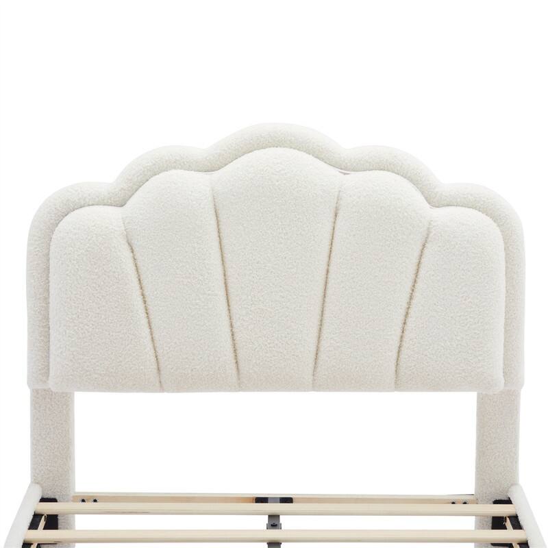 Upholstered Platform Bed with Flower-Shaped Headboard & LED Light Strip, Twin/Full Size Sherpa Fabric Bed Frame w/ Slats Support