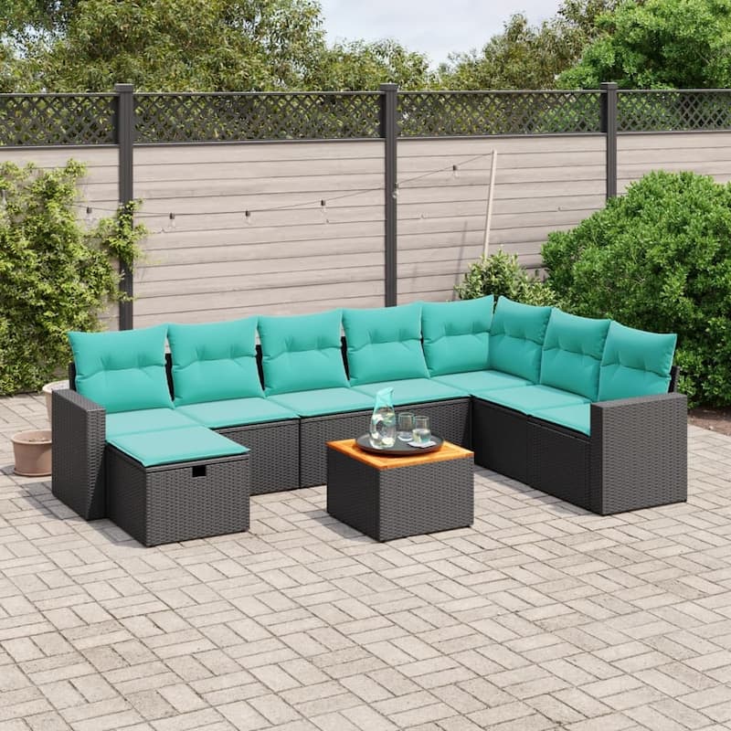 vidaXL Patio Sofa Set with Cushions Outdoor Furniture 9 Piece Poly Rattan - 24.4" x 24.4" x 27.2" - Black