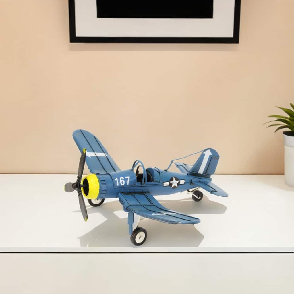 HomeRoots 5" Blue and Yellow Metal Hand Painted Model Airplane - 16' X '4.75' X '10.5