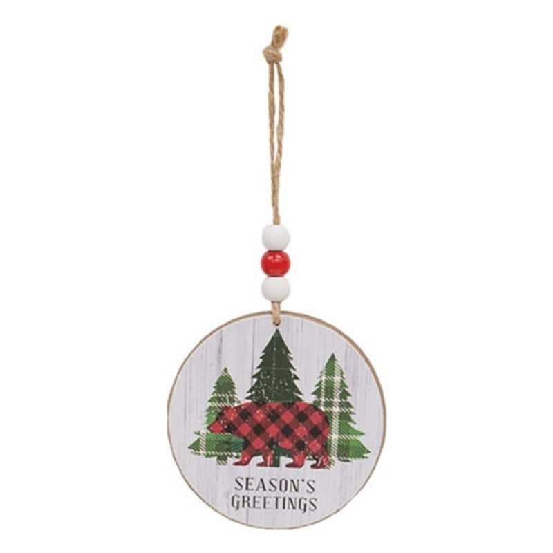 Rustic Woodland Round Christmas Ornaments Plaid Trees and Bear Designs with Jute Hanger 2 Asstd. - 3" diameter x .25" D
