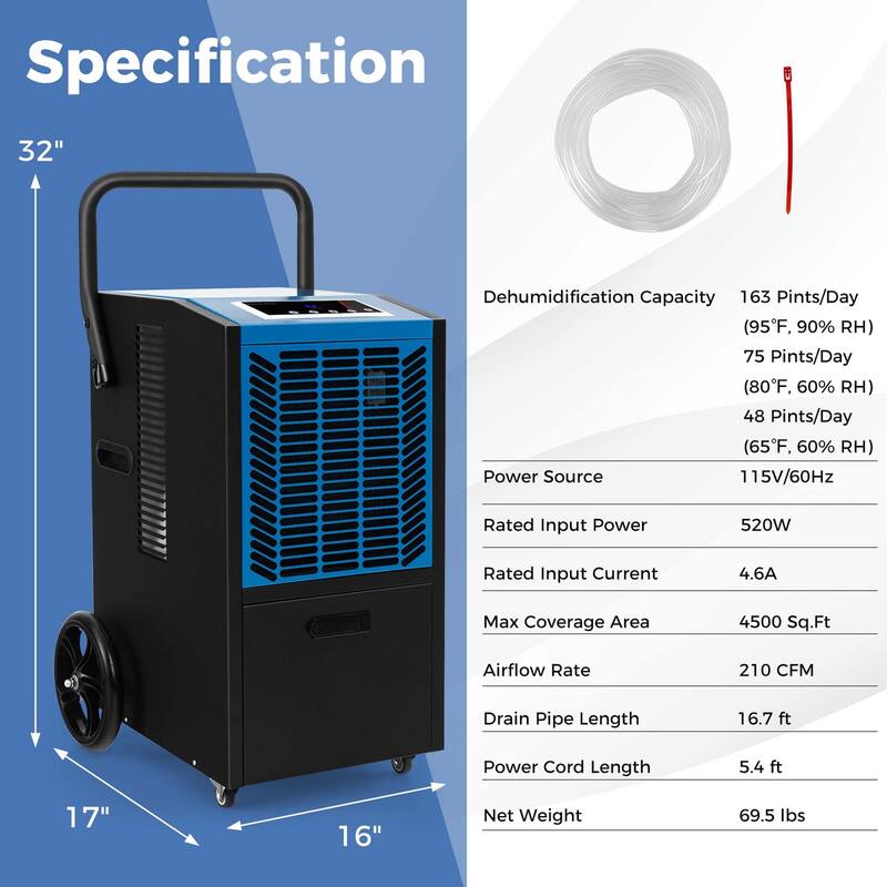 Costway 163-Pint Commercial Dehumidifier with Pump & Drain Hose 4,500 - See Details