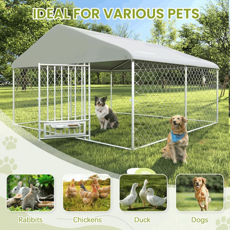 EROMMY Outdoor Dog Kennel, Heavy Duty Large Dog Kennels with Waterproof Cover and Rotating Feeding Door