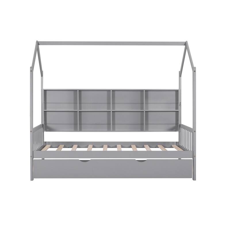 Pine House Bed with Trundle & Storage Shelf