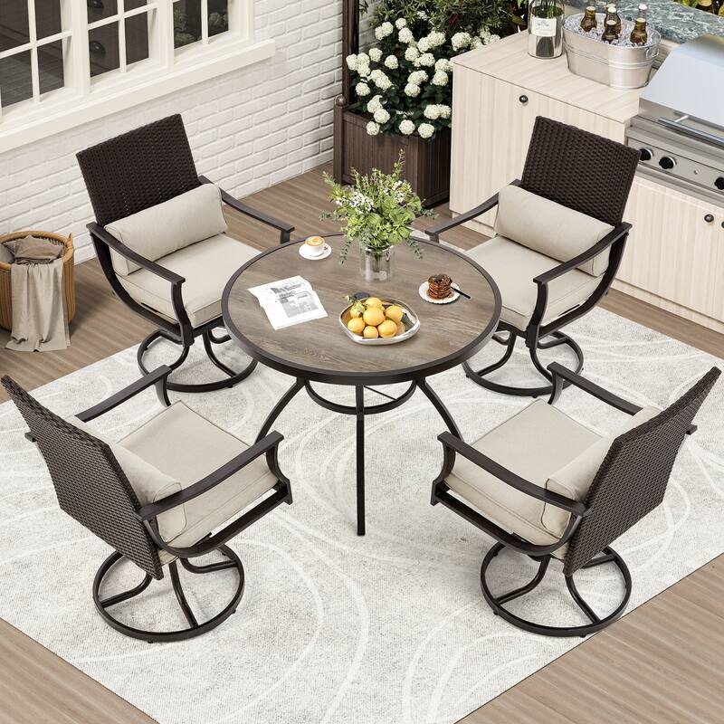 EROMMY Outdoor Dining Set, Swivel Rocking Chairs, Rectangular Table w Umbrella Hole, Patio Furniture Set for Backyard