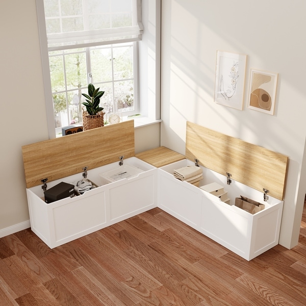 L-Shaped Storage Bench with Lift-Top Seats and Wooden Top for