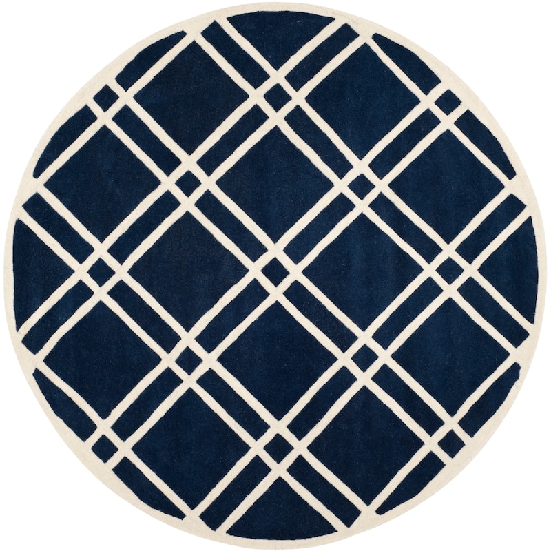 SAFAVIEH Handmade Chatham Geronda Modern Moroccan Wool Rug - 7' Round - Dark Blue/Ivory