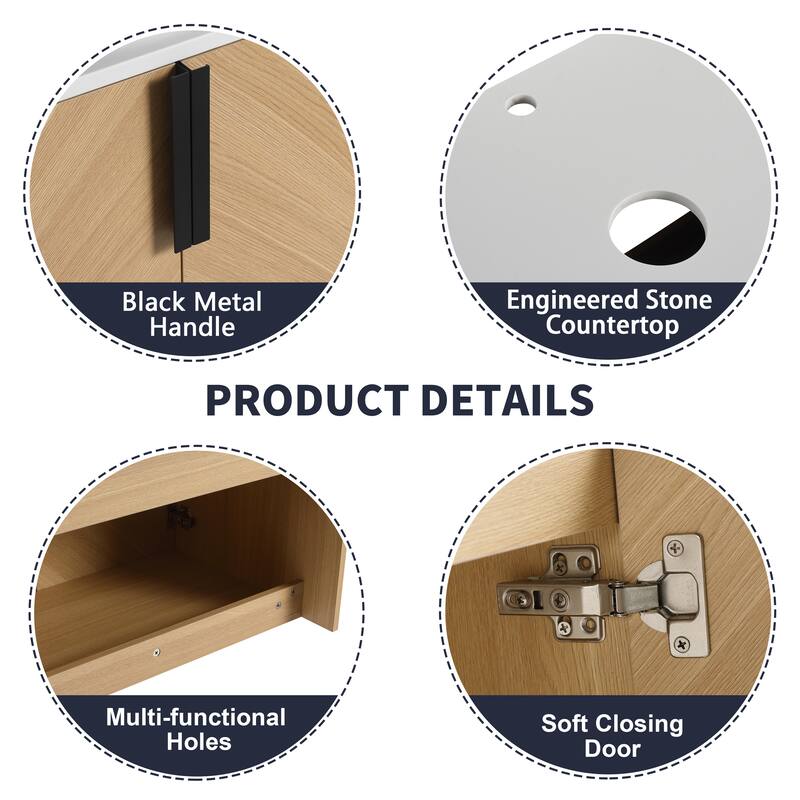 36" Wall-Mounted Bathroom Vanity With Ceramic Art Sink, and Storage Shelves, Soft-Close Door, KD-Packing, Plywood